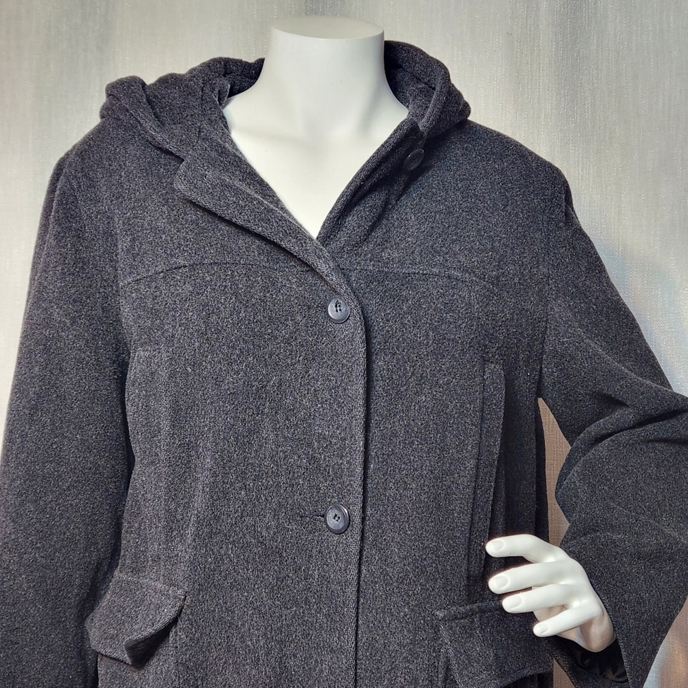 100% Wool F S Limited Coat Black Women Large Button Up Oversized Pockets Hooded